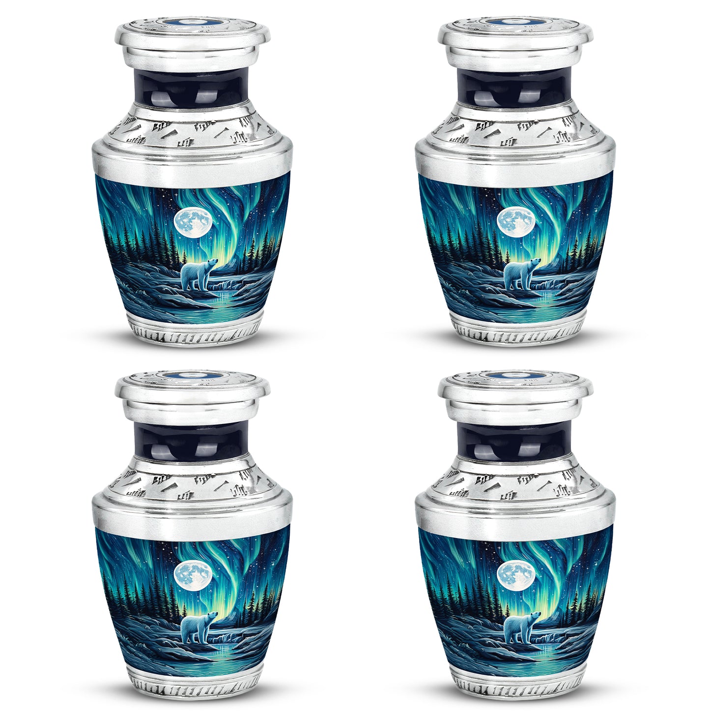 Vivid Blue Bear Cremation Urn back view with polished surface - stylized abstract bear pattern with bold lines - 10 inch aluminum urn for cremated remains