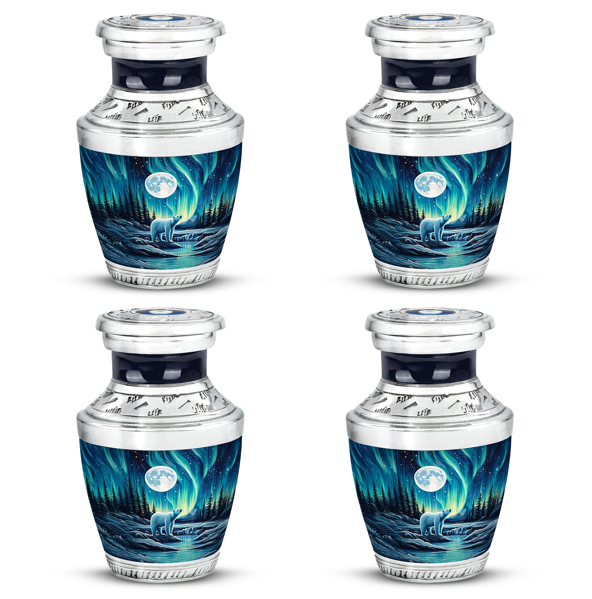 Vivid Blue Bear Cremation Urn back view with polished surface - stylized abstract bear pattern with bold lines - 10 inch aluminum urn for cremated remains