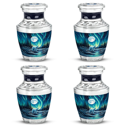 Vivid Blue Bear Cremation Urn back view with polished surface - stylized abstract bear pattern with bold lines - 10 inch aluminum urn for cremated remains