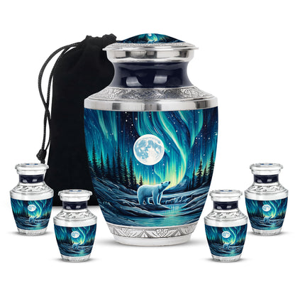 Slate Blue Bear Cremation Urn lifestyle display on memorial shelf - contemporary bear design with modern artistic flair - memorial set with one large and four small urns