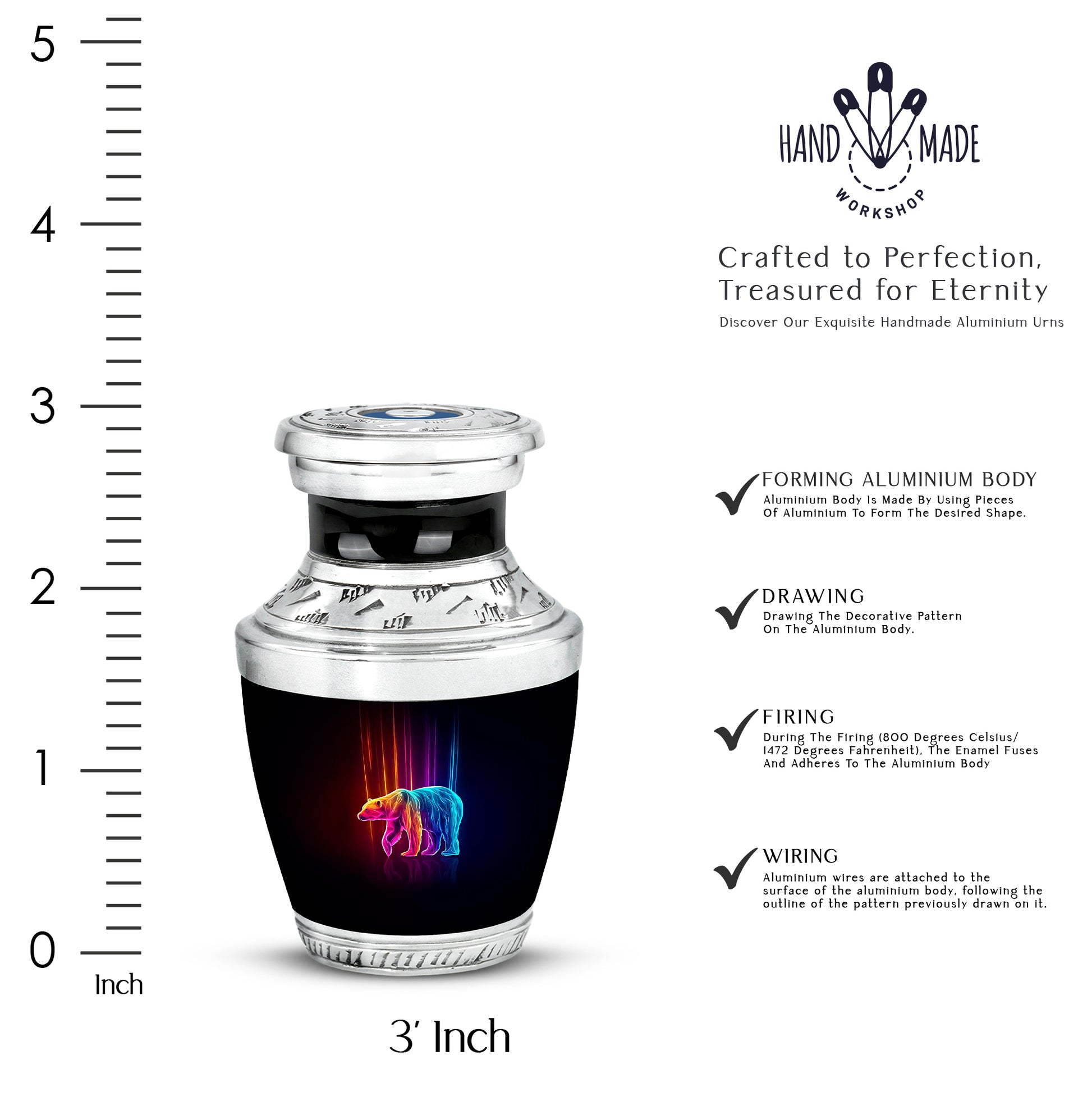 Midnight Black Bear Cremation Urn top-down view of secure threaded lid - stylized abstract bear pattern with bold lines - mini keepsake memorial for portion of cremation ashes