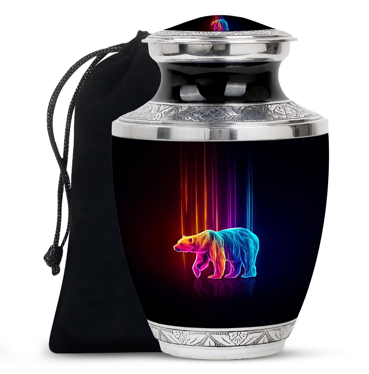 Charcoal Black Bear Cremation Urn side profile showing urn shape - stylized abstract bear pattern with bold lines - full-size 10 inch 200 cubic inch adult cremation urn