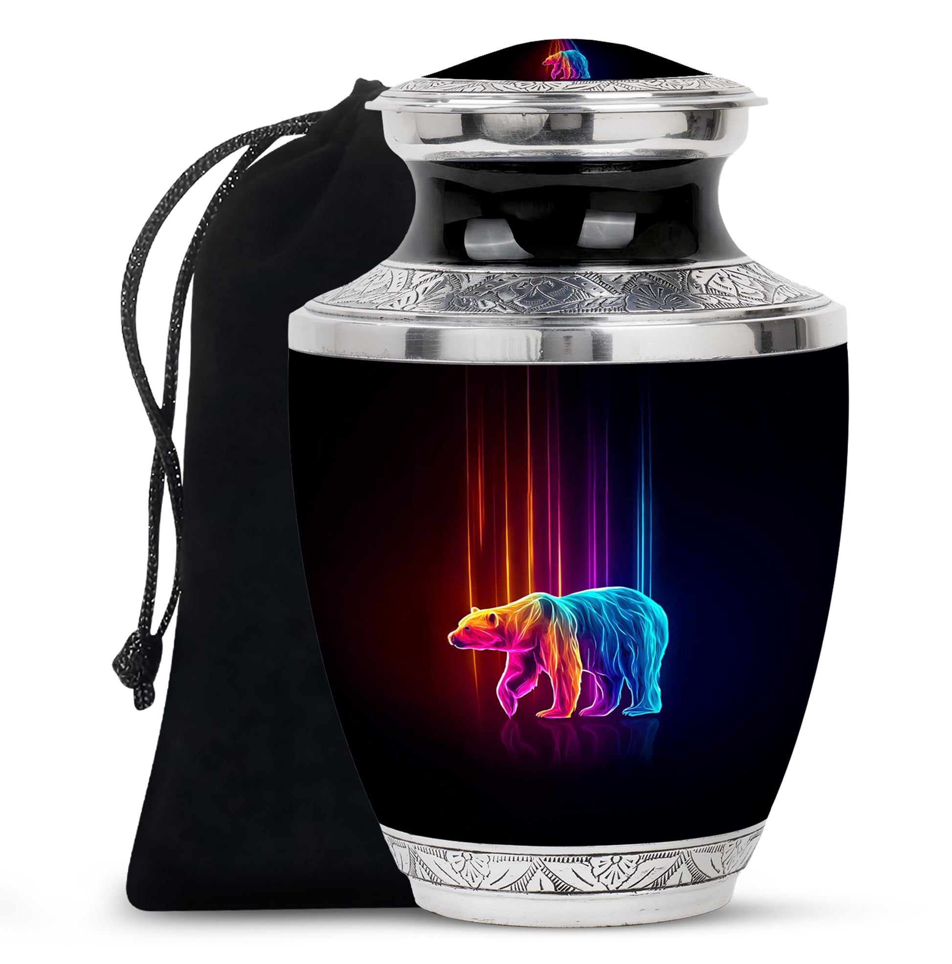 Charcoal Black Bear Cremation Urn side profile showing urn shape - stylized abstract bear pattern with bold lines - full-size 10 inch 200 cubic inch adult cremation urn