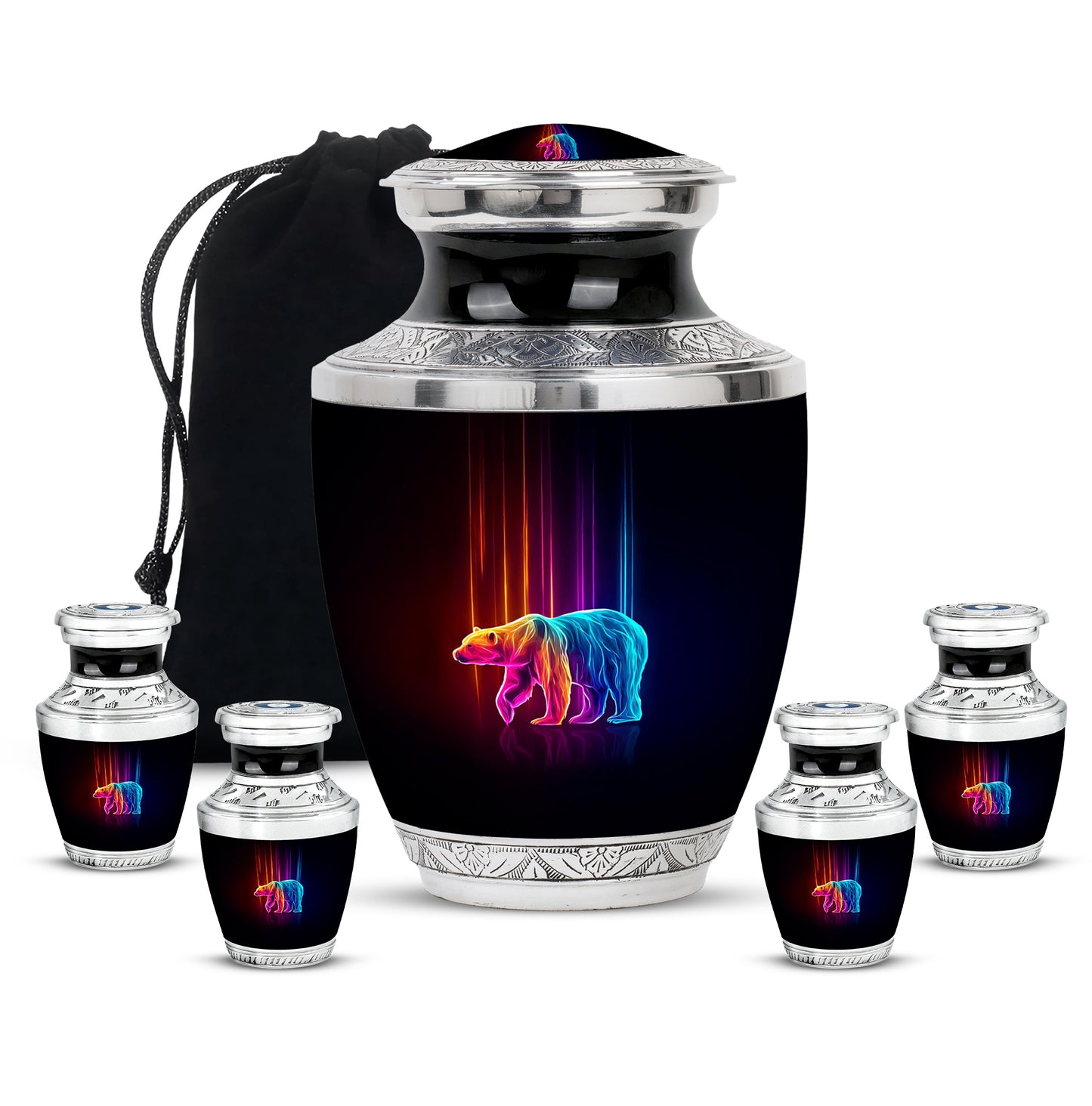 Glossy Black Bear Cremation Urn lifestyle display on memorial shelf - contemporary bear design with modern artistic flair - memorial set with one large and four small urns