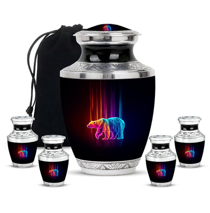 Glossy Black Bear Cremation Urn lifestyle display on memorial shelf - contemporary bear design with modern artistic flair - memorial set with one large and four small urns