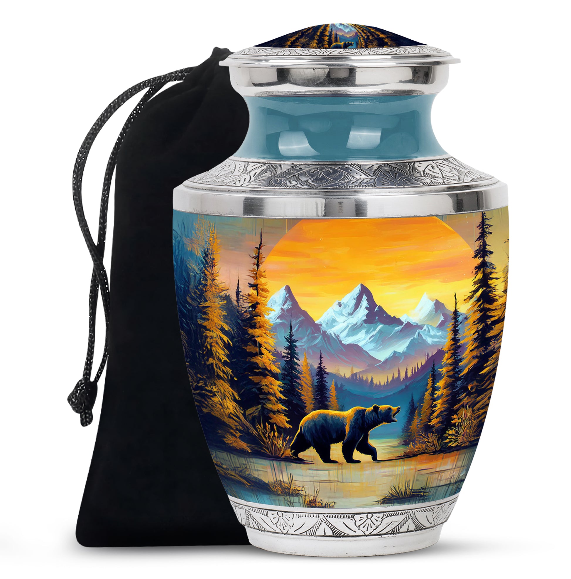 Antique Gold Bear Cremation Urn side profile showing urn shape - modern art-inspired bear motif on sleek aluminum - full-size 10 inch 200 cubic inch adult cremation urn