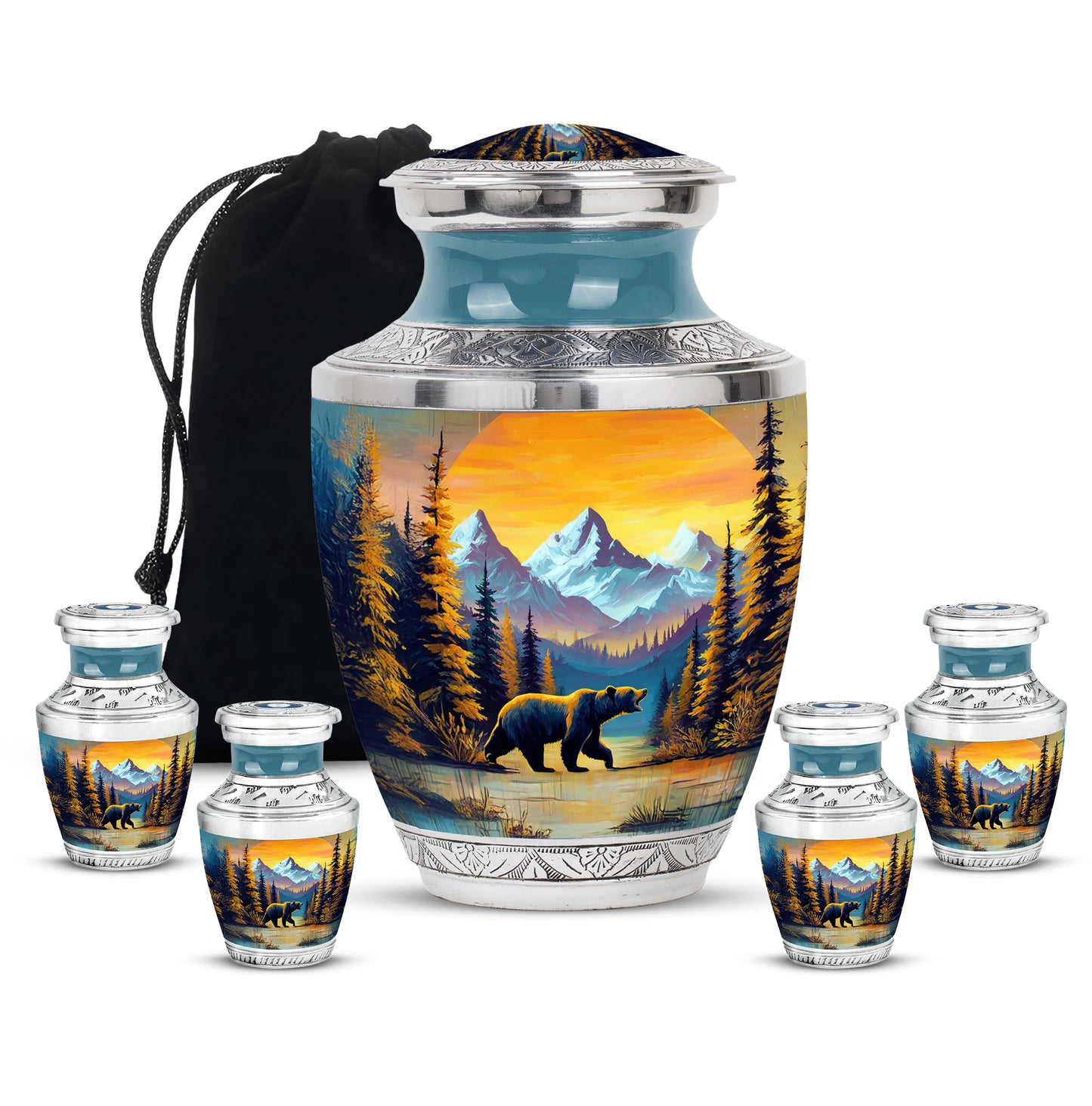 Amber Gold Bear Cremation Urn lifestyle display on memorial shelf - contemporary bear design with modern artistic flair - memorial set with one large and four small urns