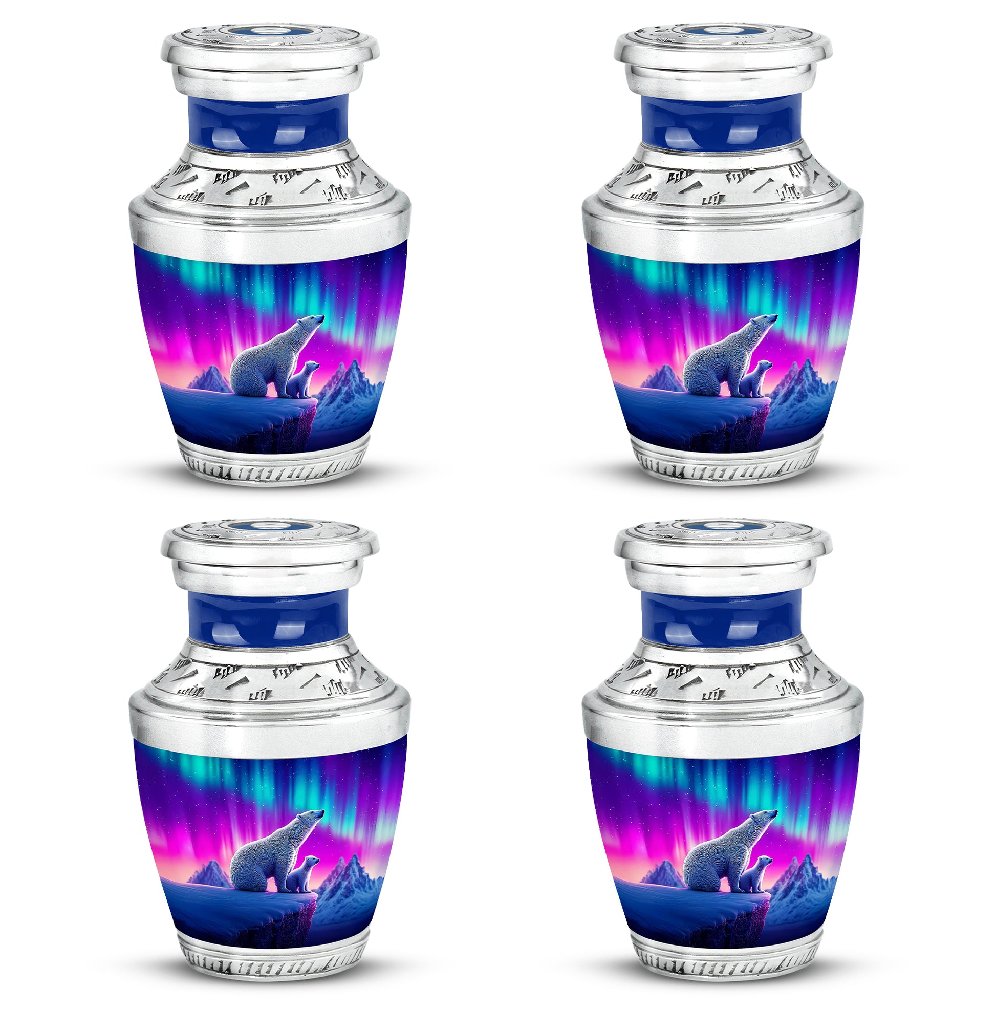 Navy Blue Bear Cremation Urn back view with polished surface - modern art-inspired bear motif on sleek aluminum - 10 inch aluminum urn for cremated remains