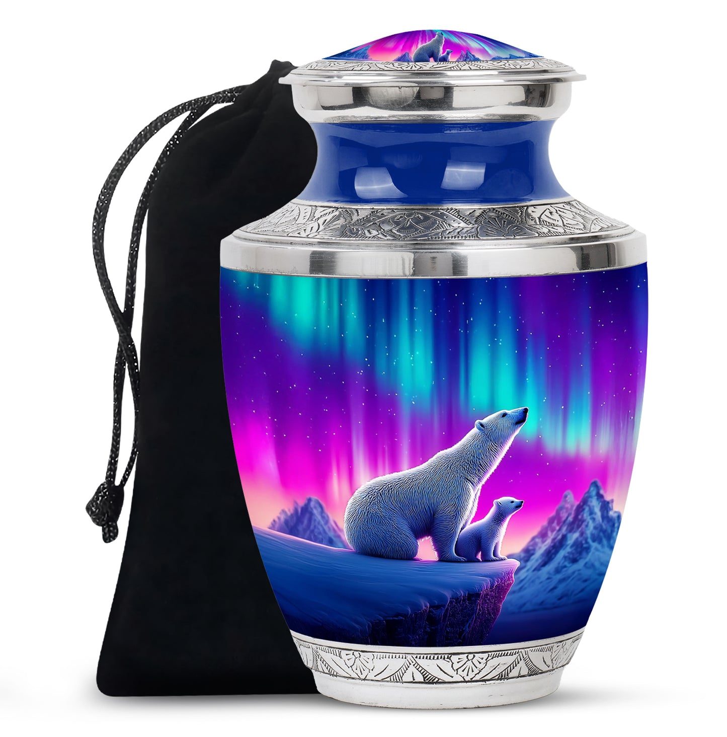 Cornflower Blue Bear Cremation Urn side profile showing urn shape - stylized abstract bear pattern with bold lines - full-size 10 inch 200 cubic inch adult cremation urn