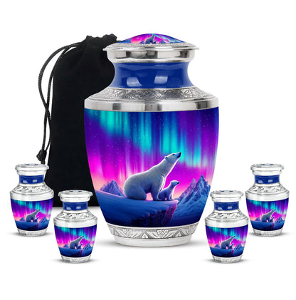 Calming Blue Bear Cremation Urn lifestyle display on memorial shelf - artistic bear interpretation with creative detail - memorial set with one large and four small urns