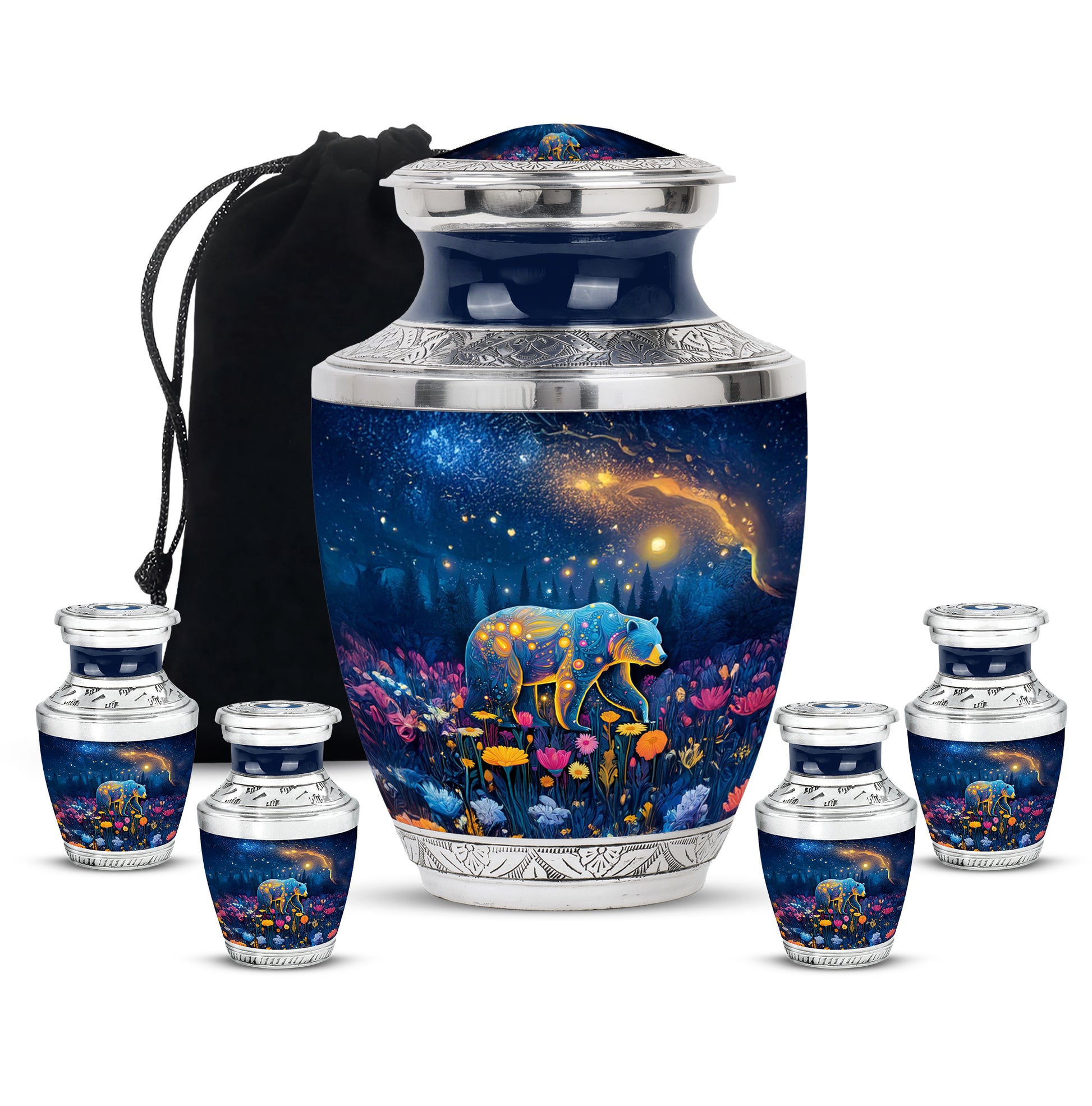 Serene Blue Bear Cremation Urn lifestyle display on memorial shelf - artistic bear interpretation with creative detail - memorial set with one large and four small urns