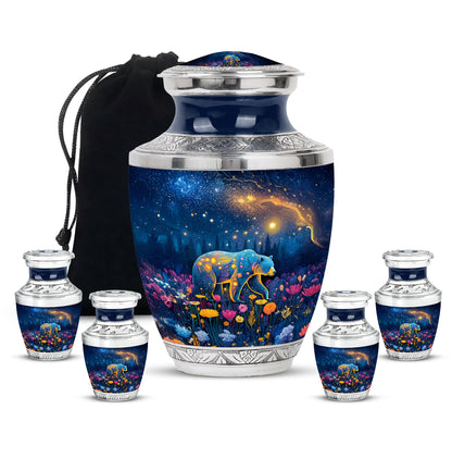 Serene Blue Bear Cremation Urn lifestyle display on memorial shelf - artistic bear interpretation with creative detail - memorial set with one large and four small urns