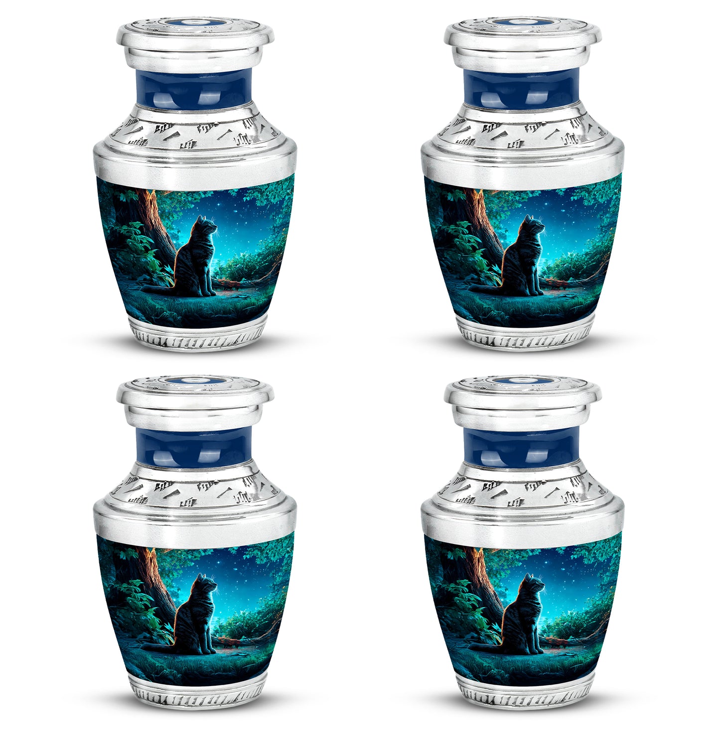 Serene Blue Cat Cremation Urn back view with polished surface - artistic cat interpretation with creative detail - 10 inch aluminum urn for cremated remains