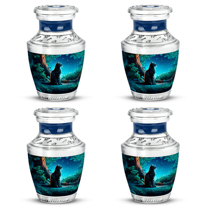 Serene Blue Cat Cremation Urn back view with polished surface - artistic cat interpretation with creative detail - 10 inch aluminum urn for cremated remains