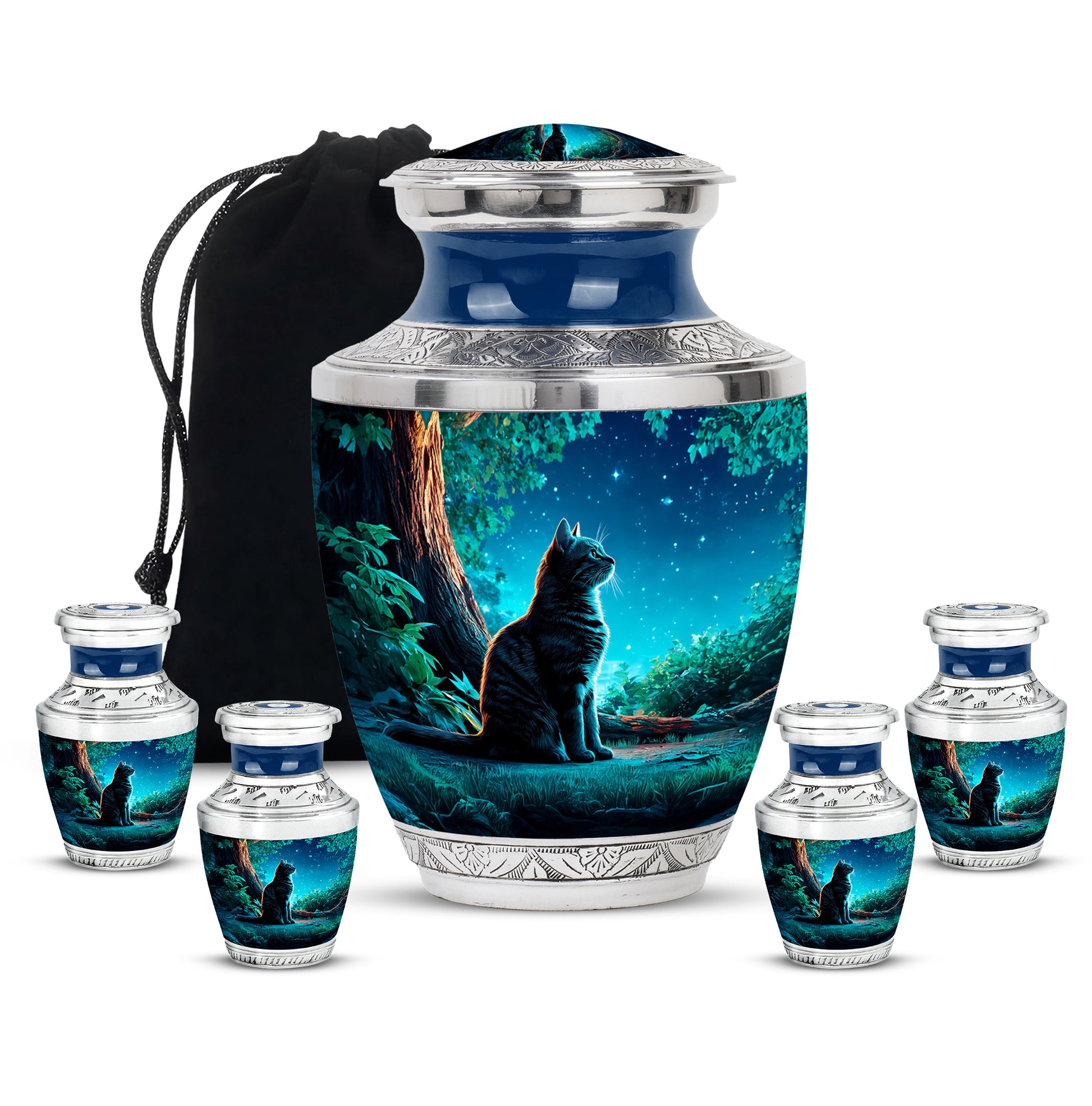 Twilight Blue Cat Cremation Urn lifestyle display on memorial shelf - stylized abstract cat pattern with bold lines - memorial set with one large and four small urns