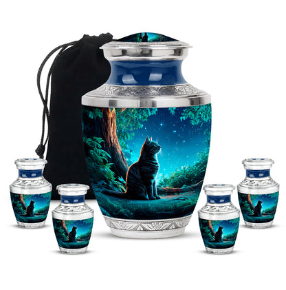 Twilight Blue Cat Cremation Urn lifestyle display on memorial shelf - stylized abstract cat pattern with bold lines - memorial set with one large and four small urns