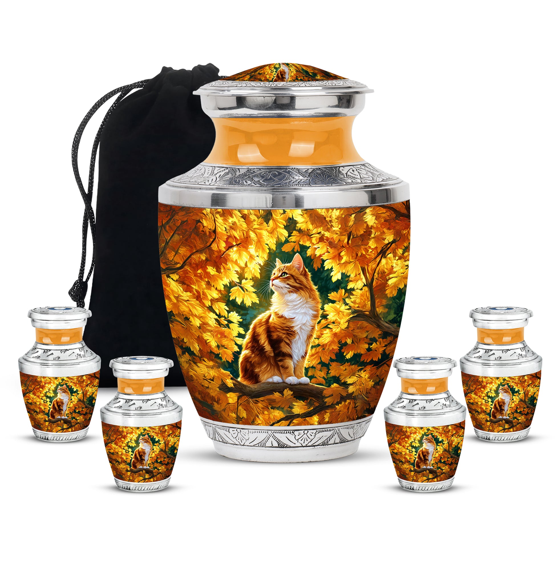 Harvest Gold Cat Cremation Urn lifestyle display on memorial shelf - artistic cat interpretation with creative detail - memorial set with one large and four small urns
