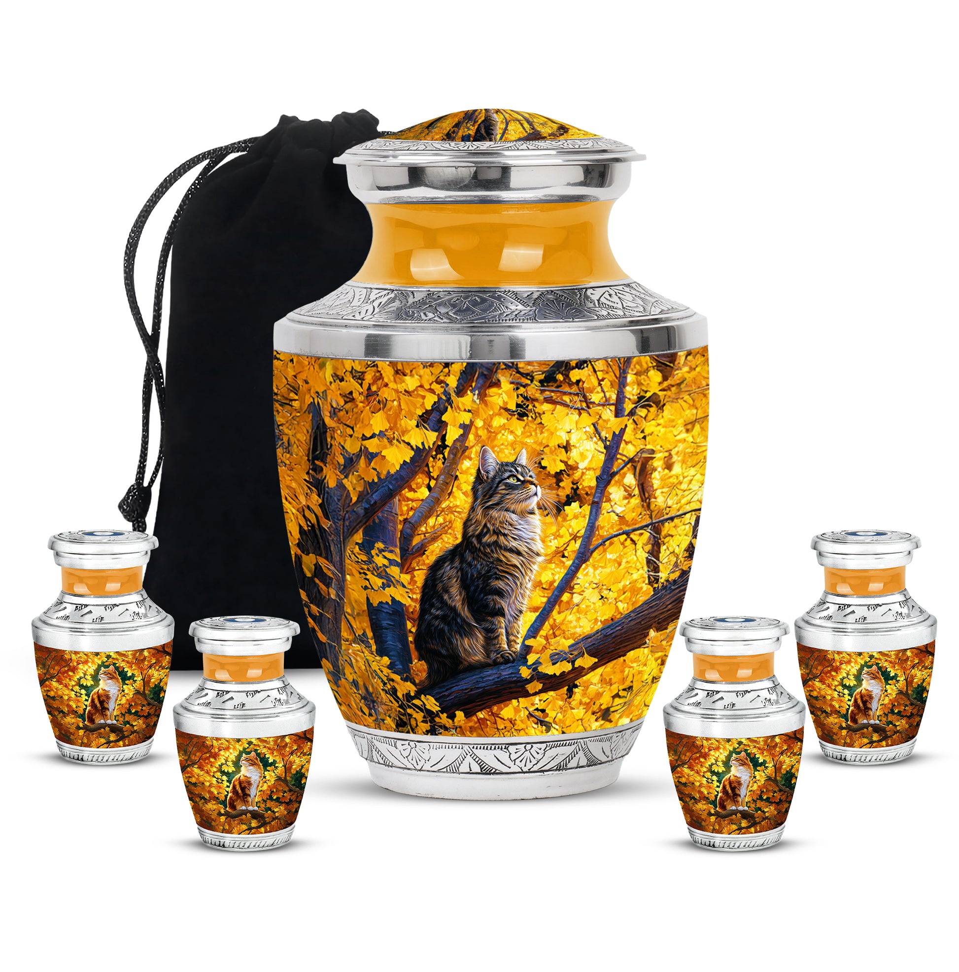 Matte Gold Cat Cremation Urn lifestyle display on memorial shelf - stylized abstract cat pattern with bold lines - memorial set with one large and four small urns