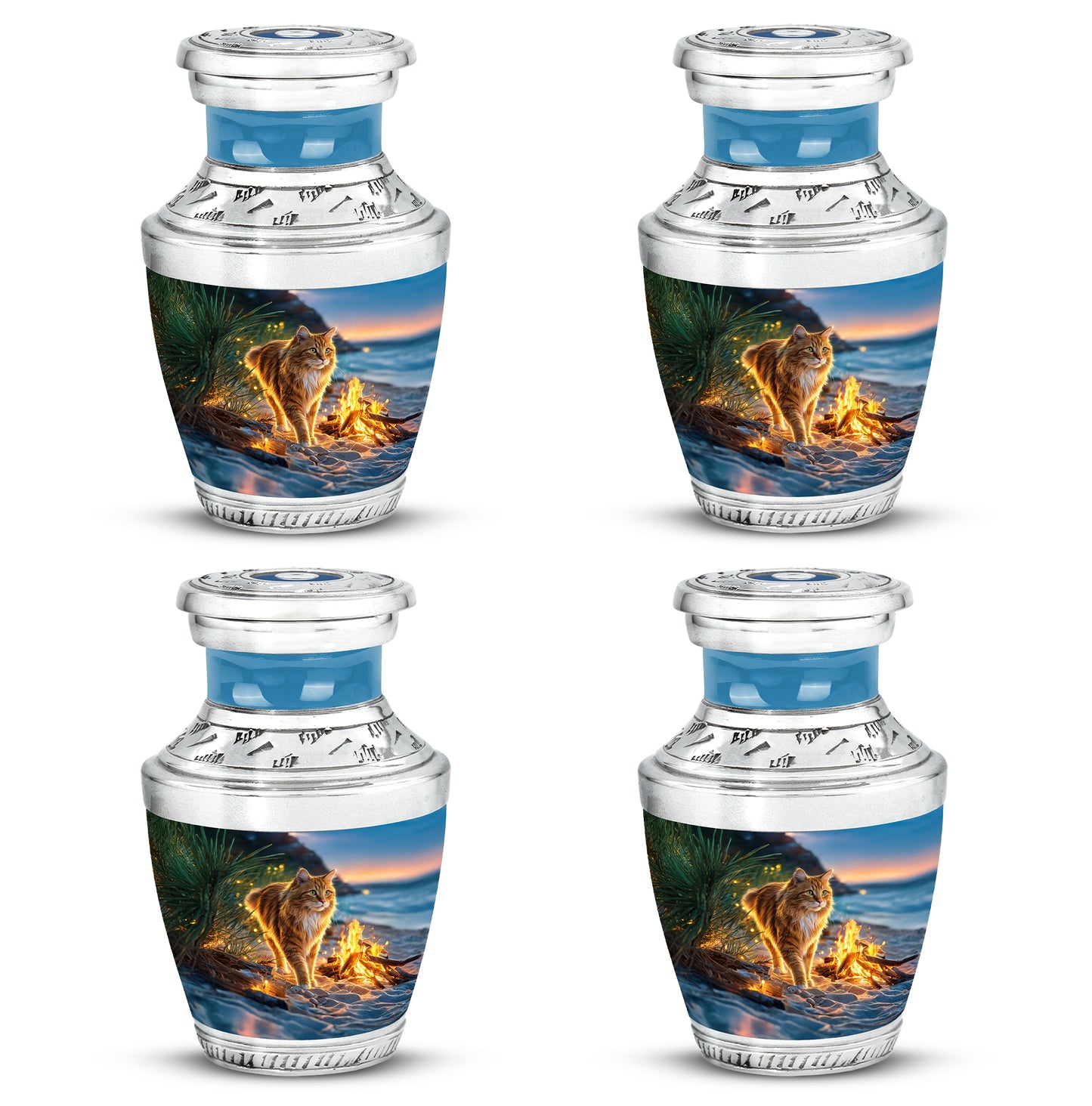 Misty Blue Cat Cremation Urn back view with polished surface - modern art-inspired cat motif on sleek aluminum - 10 inch aluminum urn for cremated remains