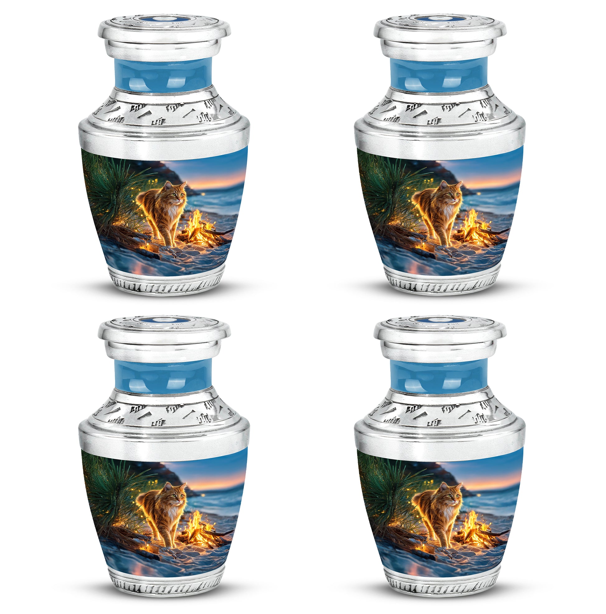 Misty Blue Cat Cremation Urn back view with polished surface - modern art-inspired cat motif on sleek aluminum - 10 inch aluminum urn for cremated remains