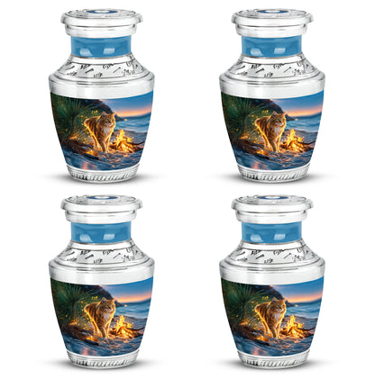 Misty Blue Cat Cremation Urn back view with polished surface - modern art-inspired cat motif on sleek aluminum - 10 inch aluminum urn for cremated remains