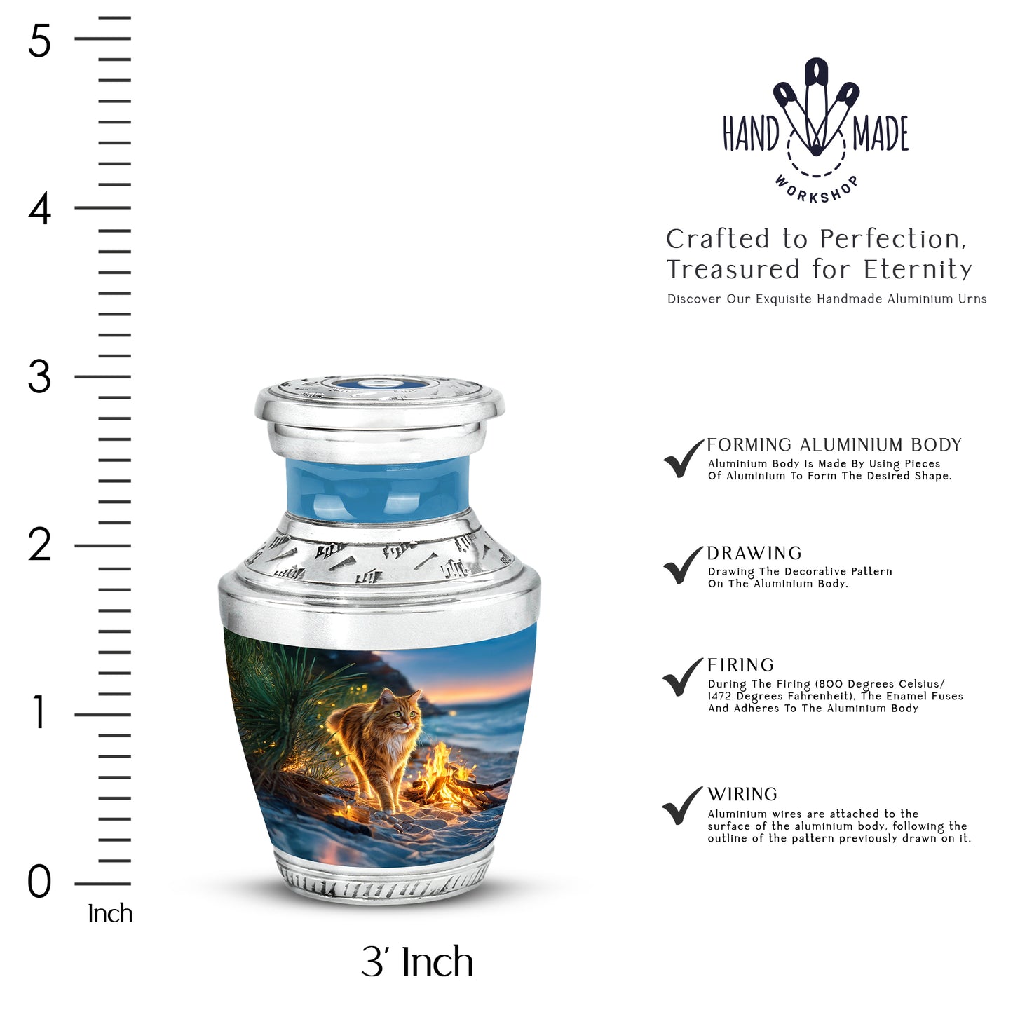 Indigo Cat Cremation Urn top-down view of secure threaded lid - contemporary cat design with modern artistic flair - mini keepsake memorial for portion of cremation ashes
