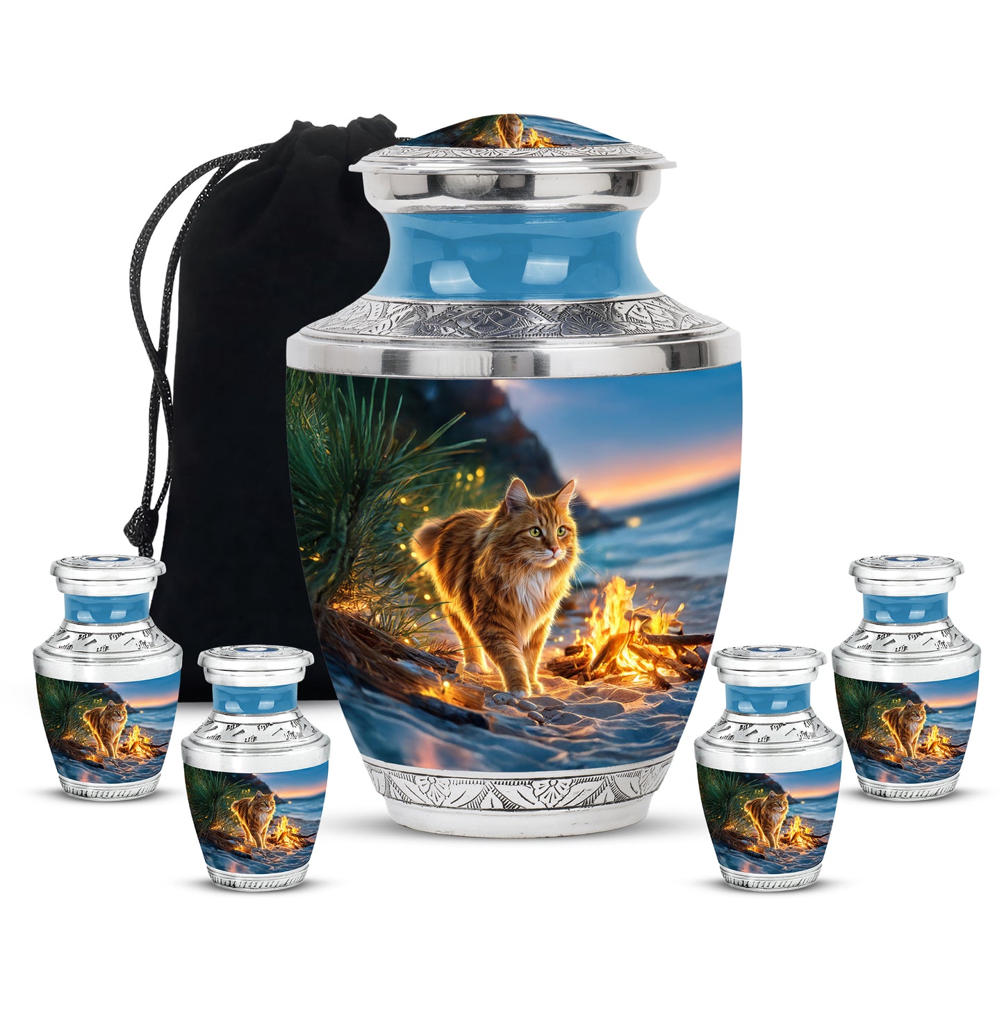 Serene Blue Cat Cremation Urn lifestyle display on memorial shelf - artistic cat interpretation with creative detail - memorial set with one large and four small urns