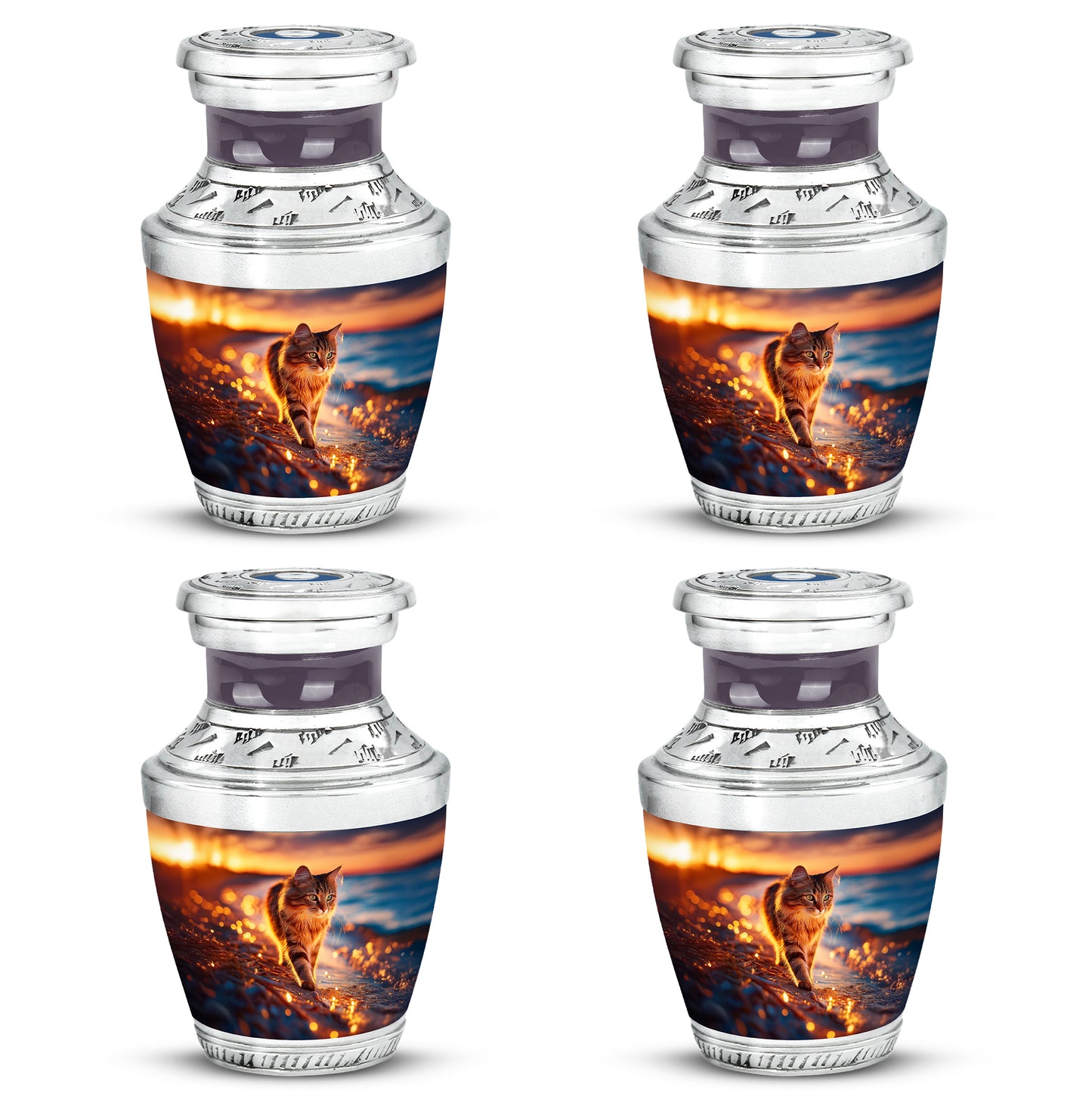 Burgundy Red Cat Cremation Urn back view with polished surface - modern art-inspired cat motif on sleek aluminum - 10 inch aluminum urn for cremated remains