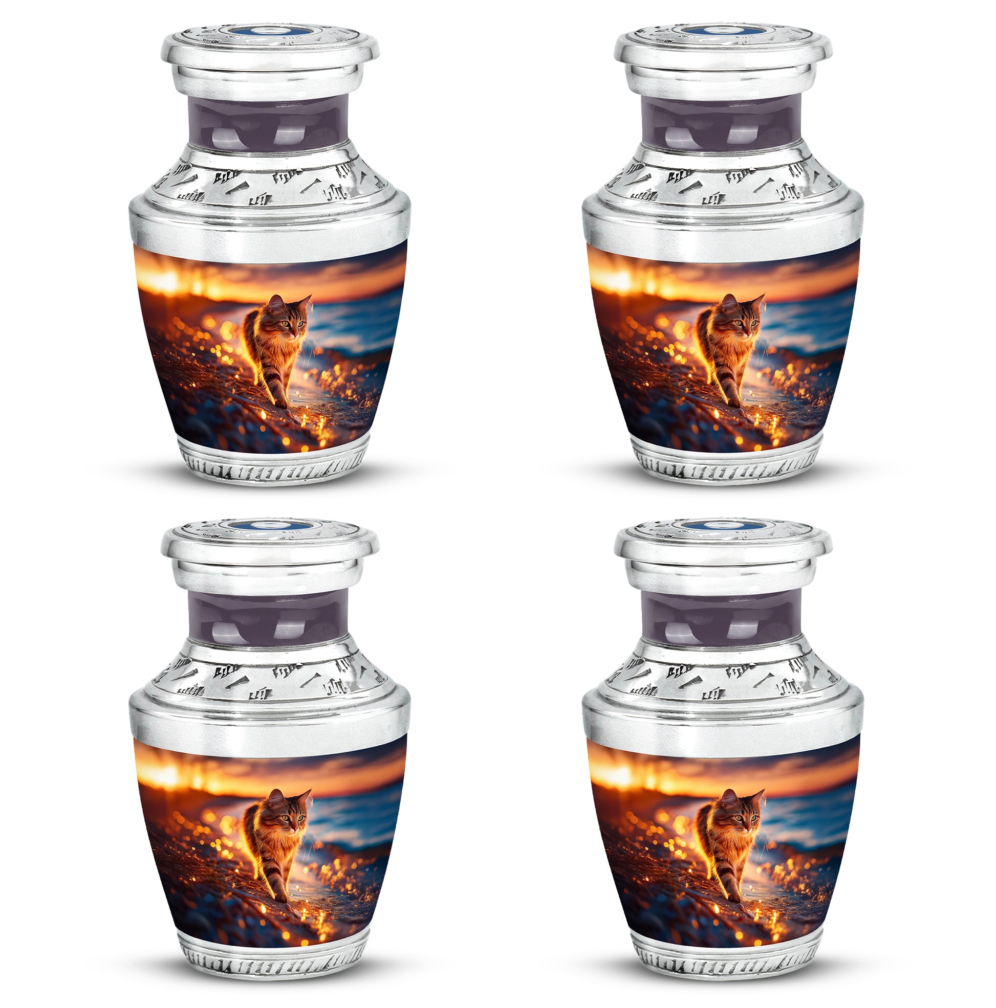 Burgundy Red Cat Cremation Urn back view with polished surface - modern art-inspired cat motif on sleek aluminum - 10 inch aluminum urn for cremated remains