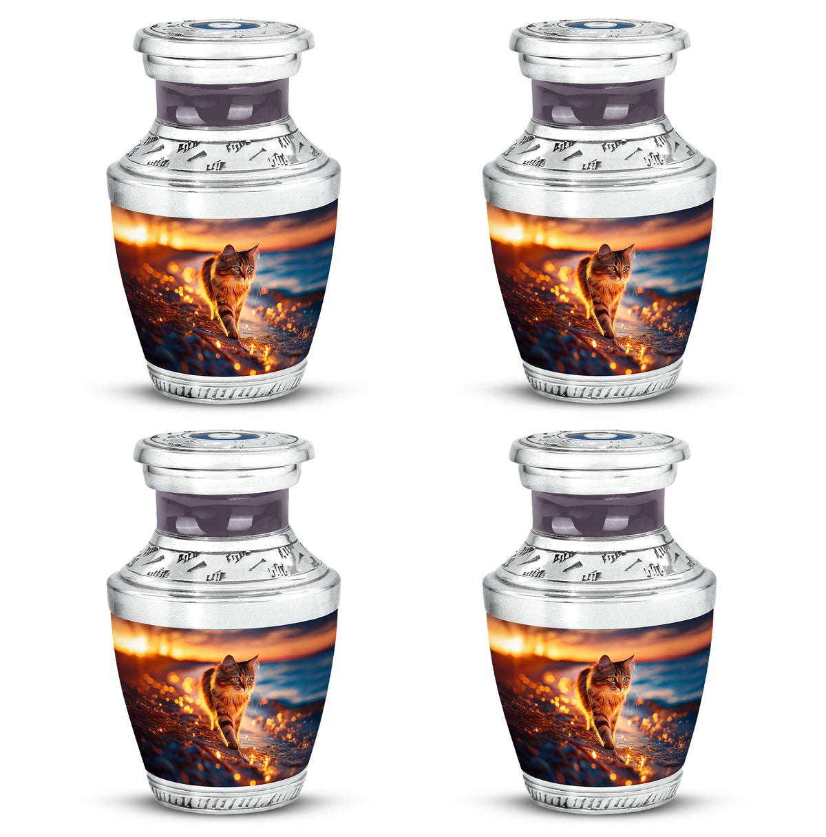 Burgundy Red Cat Cremation Urn back view with polished surface - modern art-inspired cat motif on sleek aluminum - 10 inch aluminum urn for cremated remains