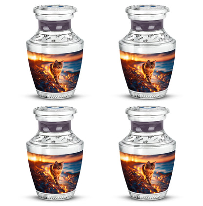 Burgundy Red Cat Cremation Urn back view with polished surface - modern art-inspired cat motif on sleek aluminum - 10 inch aluminum urn for cremated remains