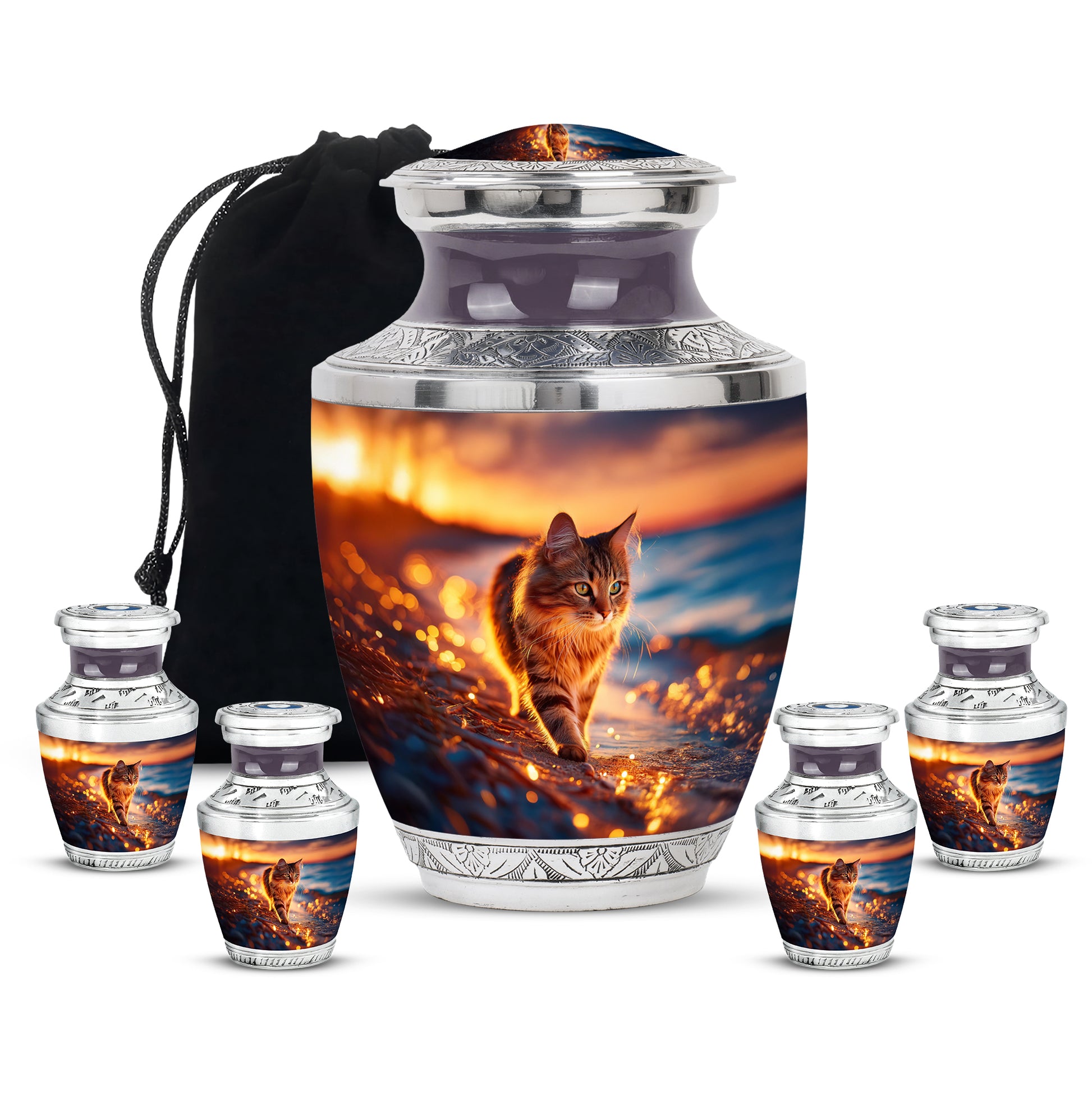 Fiery Red Cat Cremation Urn lifestyle display on memorial shelf - stylized abstract cat pattern with bold lines - memorial set with one large and four small urns