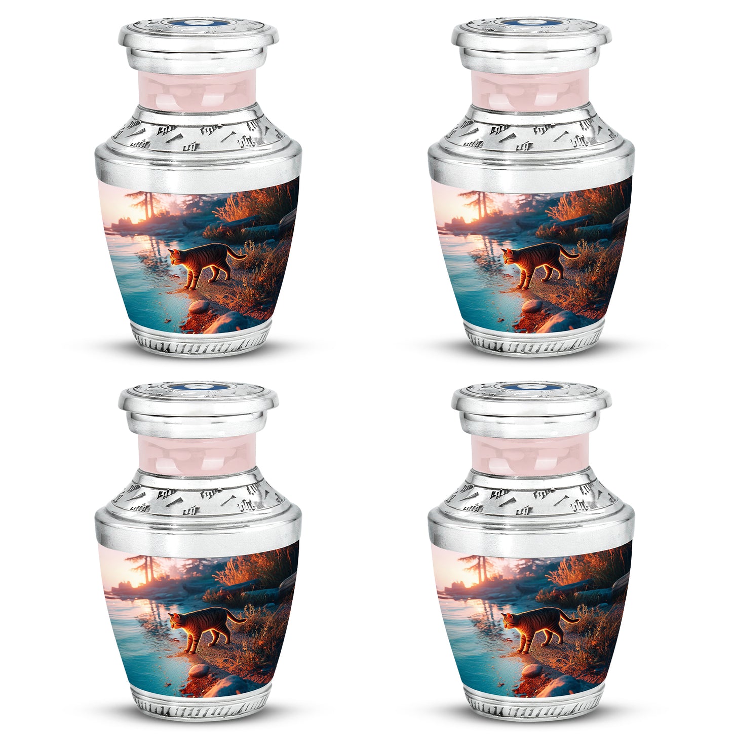 Sapphire Blue Cat Cremation Urn back view with polished surface - stylized abstract cat pattern with bold lines - 10 inch aluminum urn for cremated remains