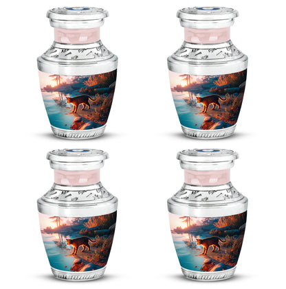 Sapphire Blue Cat Cremation Urn back view with polished surface - stylized abstract cat pattern with bold lines - 10 inch aluminum urn for cremated remains