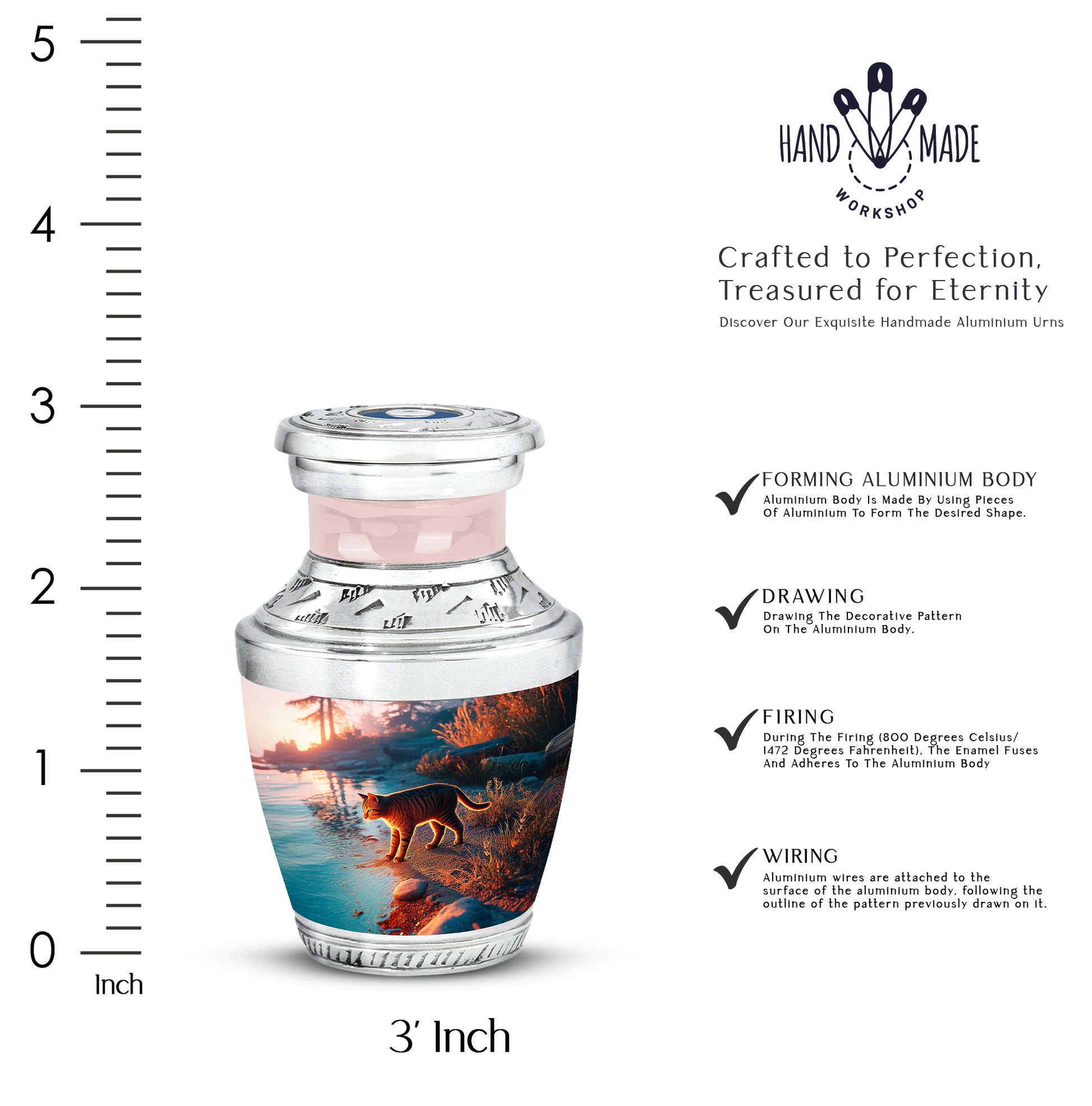 Slate Blue Cat Cremation Urn top-down view of secure threaded lid - contemporary cat design with modern artistic flair - mini keepsake memorial for portion of cremation ashes