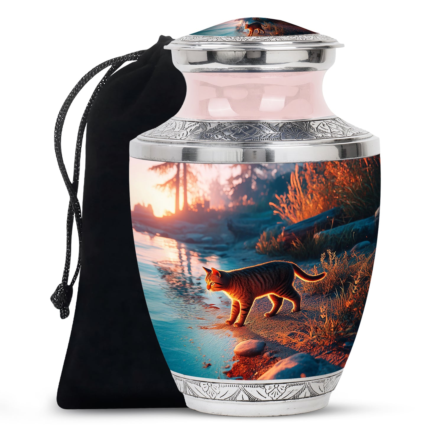 Azure Cat Cremation Urn side profile showing urn shape - modern art-inspired cat motif on sleek aluminum - full-size 10 inch 200 cubic inch adult cremation urn