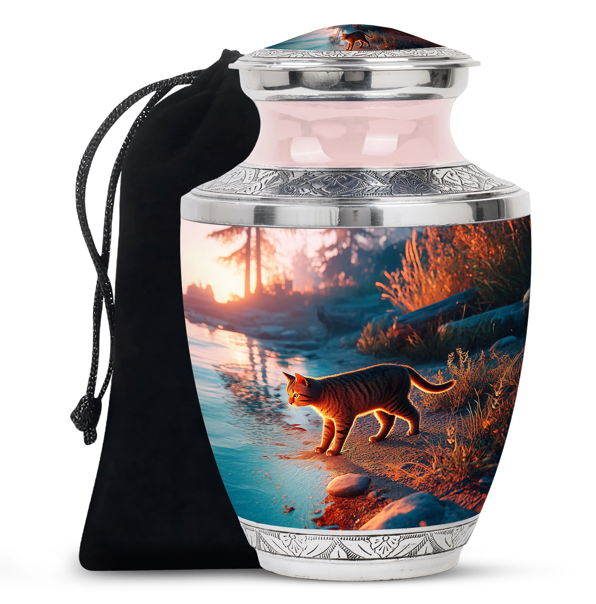 Azure Cat Cremation Urn side profile showing urn shape - modern art-inspired cat motif on sleek aluminum - full-size 10 inch 200 cubic inch adult cremation urn