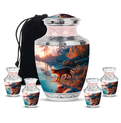 Calming Blue Cat Cremation Urn lifestyle display on memorial shelf - stylized abstract cat pattern with bold lines - memorial set with one large and four small urns