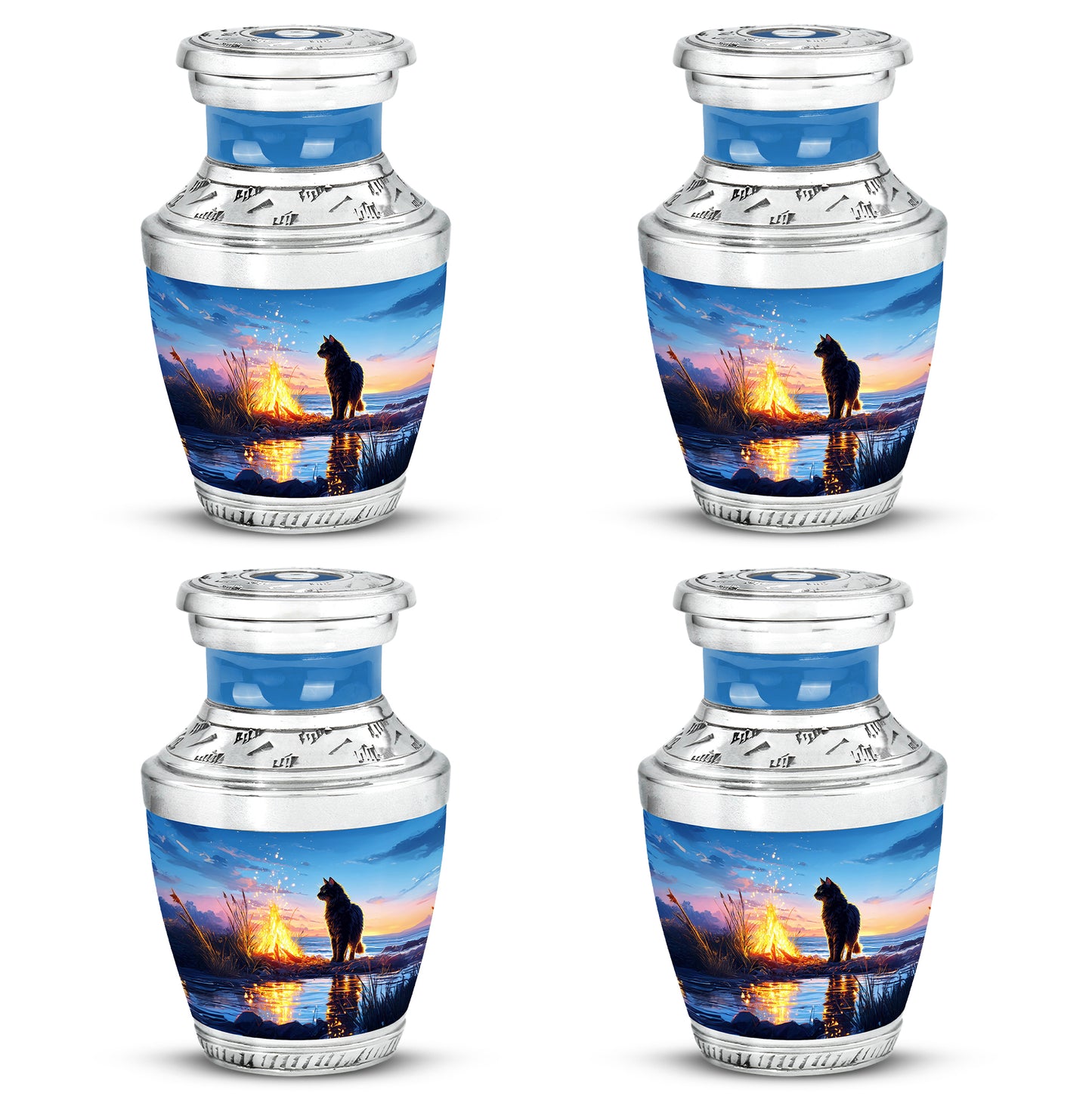 Powder Blue Cat Cremation Urn back view with polished surface - contemporary cat design with modern artistic flair - 10 inch aluminum urn for cremated remains