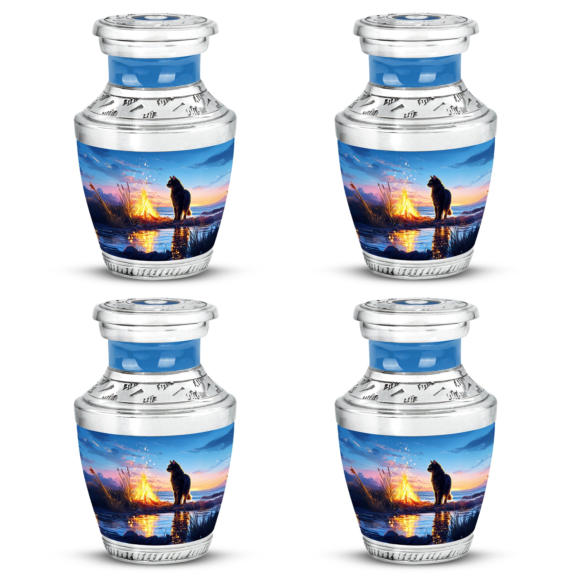 Powder Blue Cat Cremation Urn back view with polished surface - contemporary cat design with modern artistic flair - 10 inch aluminum urn for cremated remains
