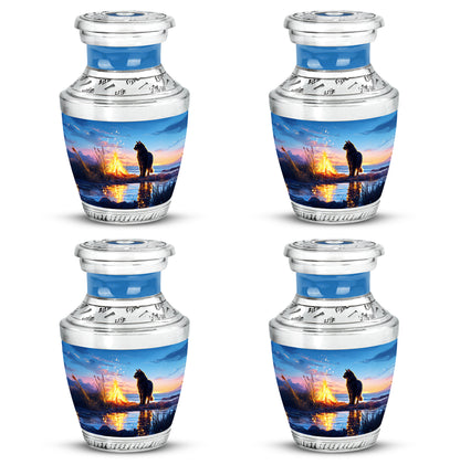 Powder Blue Cat Cremation Urn back view with polished surface - contemporary cat design with modern artistic flair - 10 inch aluminum urn for cremated remains