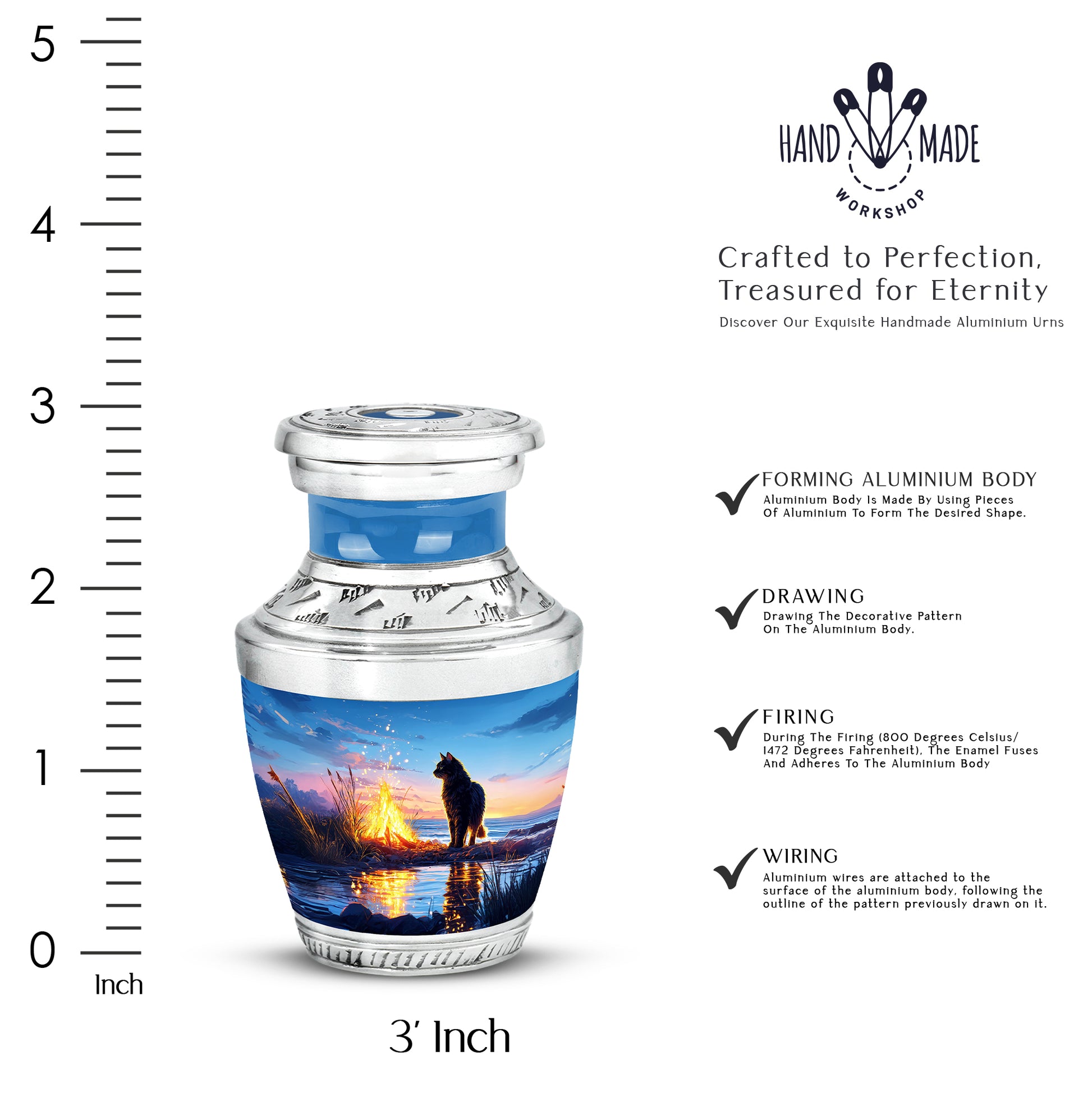 Slate Blue Cat Cremation Urn top-down view of secure threaded lid - modern art-inspired cat motif on sleek aluminum - mini keepsake memorial for portion of cremation ashes