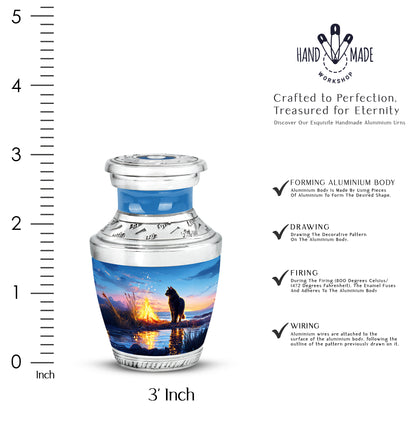 Slate Blue Cat Cremation Urn top-down view of secure threaded lid - modern art-inspired cat motif on sleek aluminum - mini keepsake memorial for portion of cremation ashes