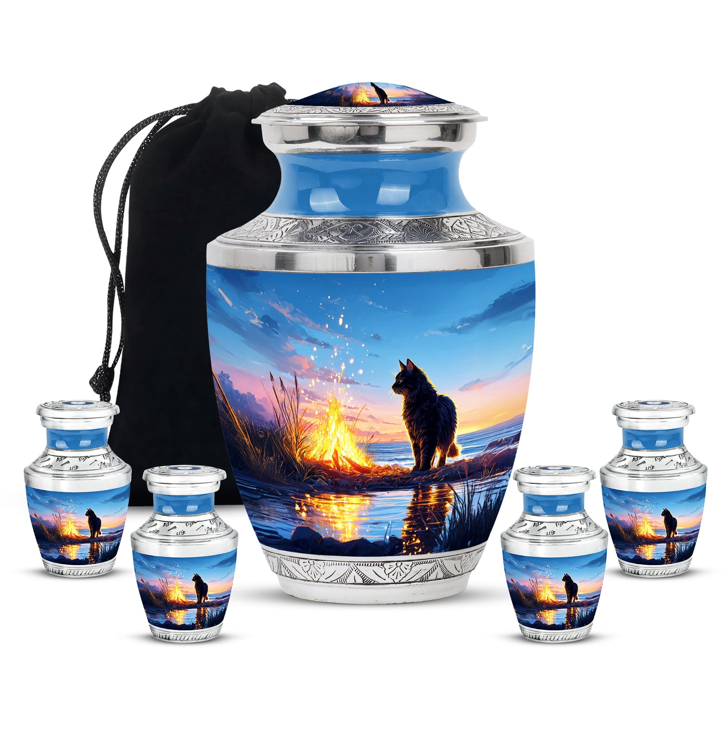Cobalt Blue Cat Cremation Urn lifestyle display on memorial shelf - artistic cat interpretation with creative detail - memorial set with one large and four small urns
