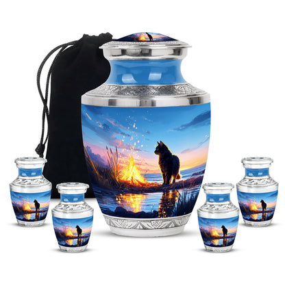 Cobalt Blue Cat Cremation Urn lifestyle display on memorial shelf - artistic cat interpretation with creative detail - memorial set with one large and four small urns