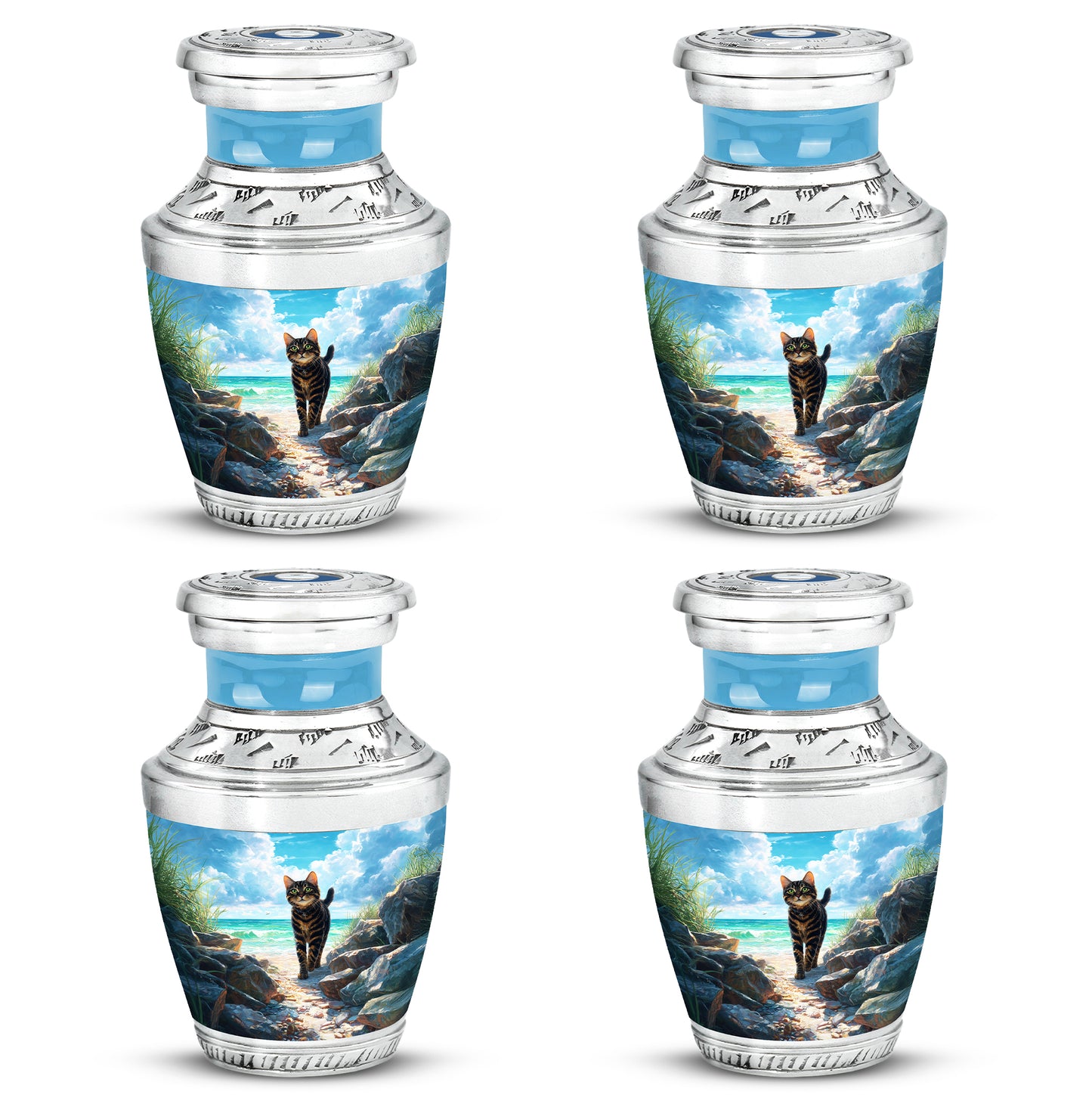 Ocean Teal Cat Cremation Urn back view with polished surface - contemporary cat design with modern artistic flair - 10 inch aluminum urn for cremated remains