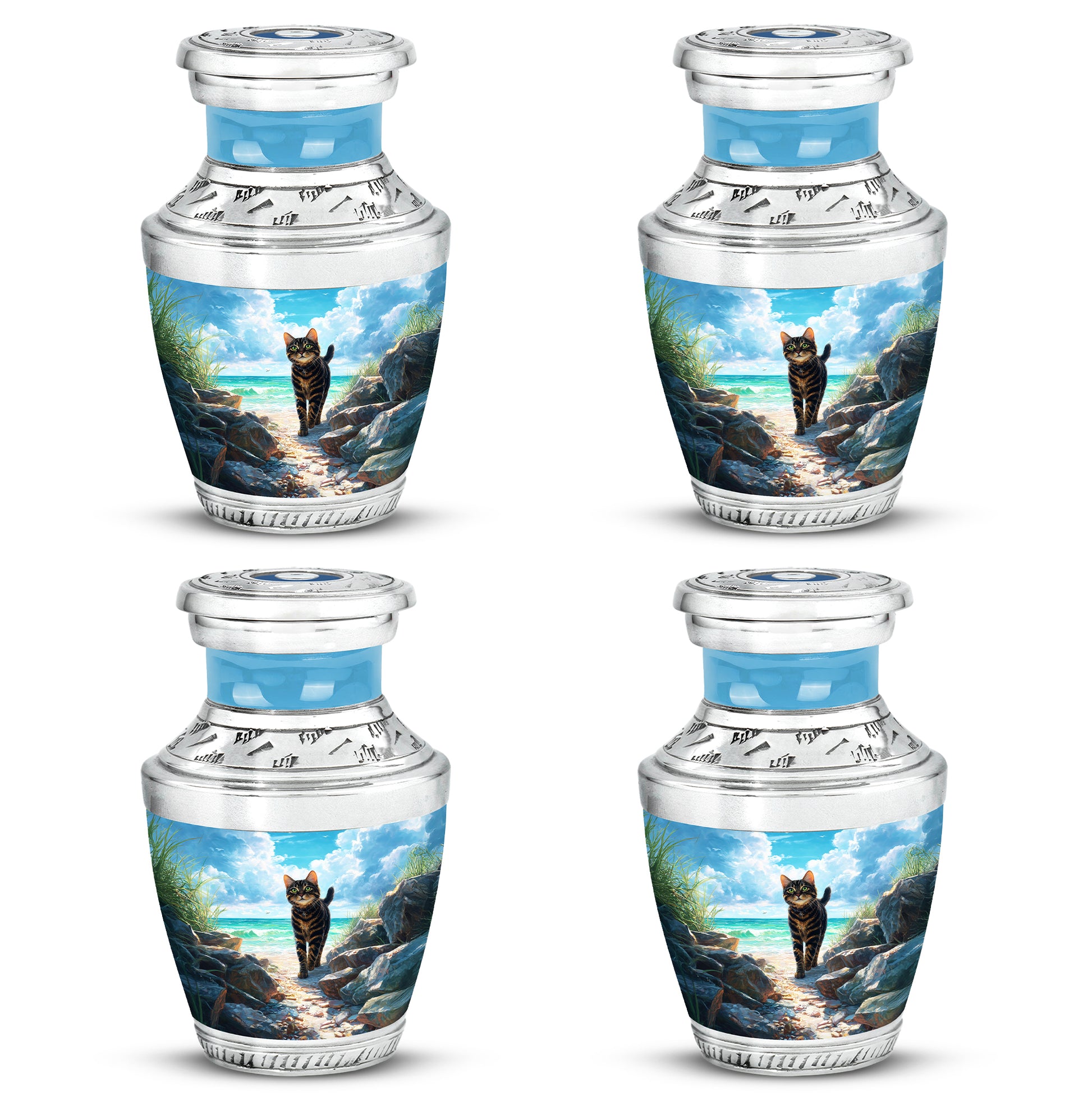 Ocean Teal Cat Cremation Urn back view with polished surface - contemporary cat design with modern artistic flair - 10 inch aluminum urn for cremated remains