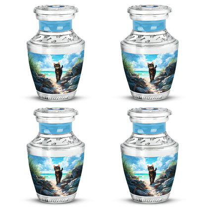 Ocean Teal Cat Cremation Urn back view with polished surface - contemporary cat design with modern artistic flair - 10 inch aluminum urn for cremated remains