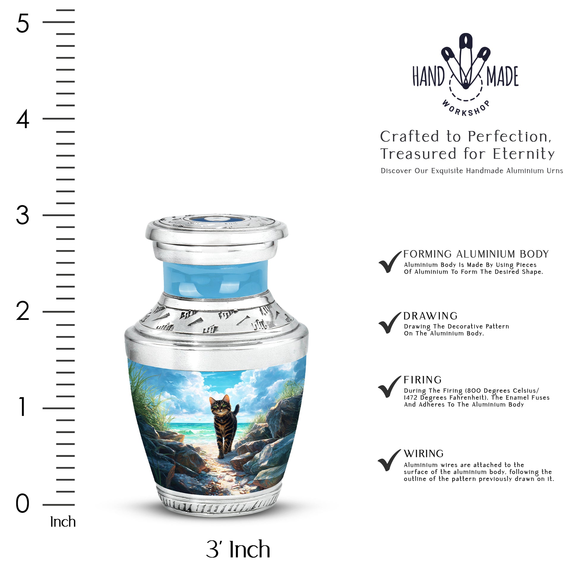 Soft Teal Cat Cremation Urn top-down view of secure threaded lid - contemporary cat design with modern artistic flair - mini keepsake memorial for portion of cremation ashes