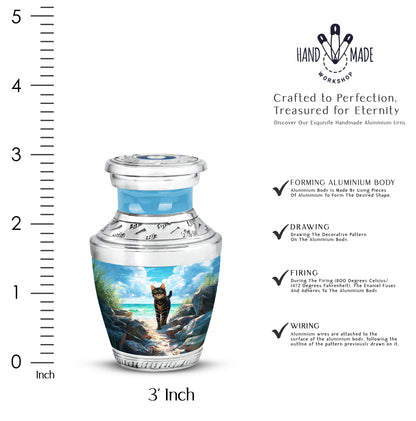 Soft Teal Cat Cremation Urn top-down view of secure threaded lid - contemporary cat design with modern artistic flair - mini keepsake memorial for portion of cremation ashes